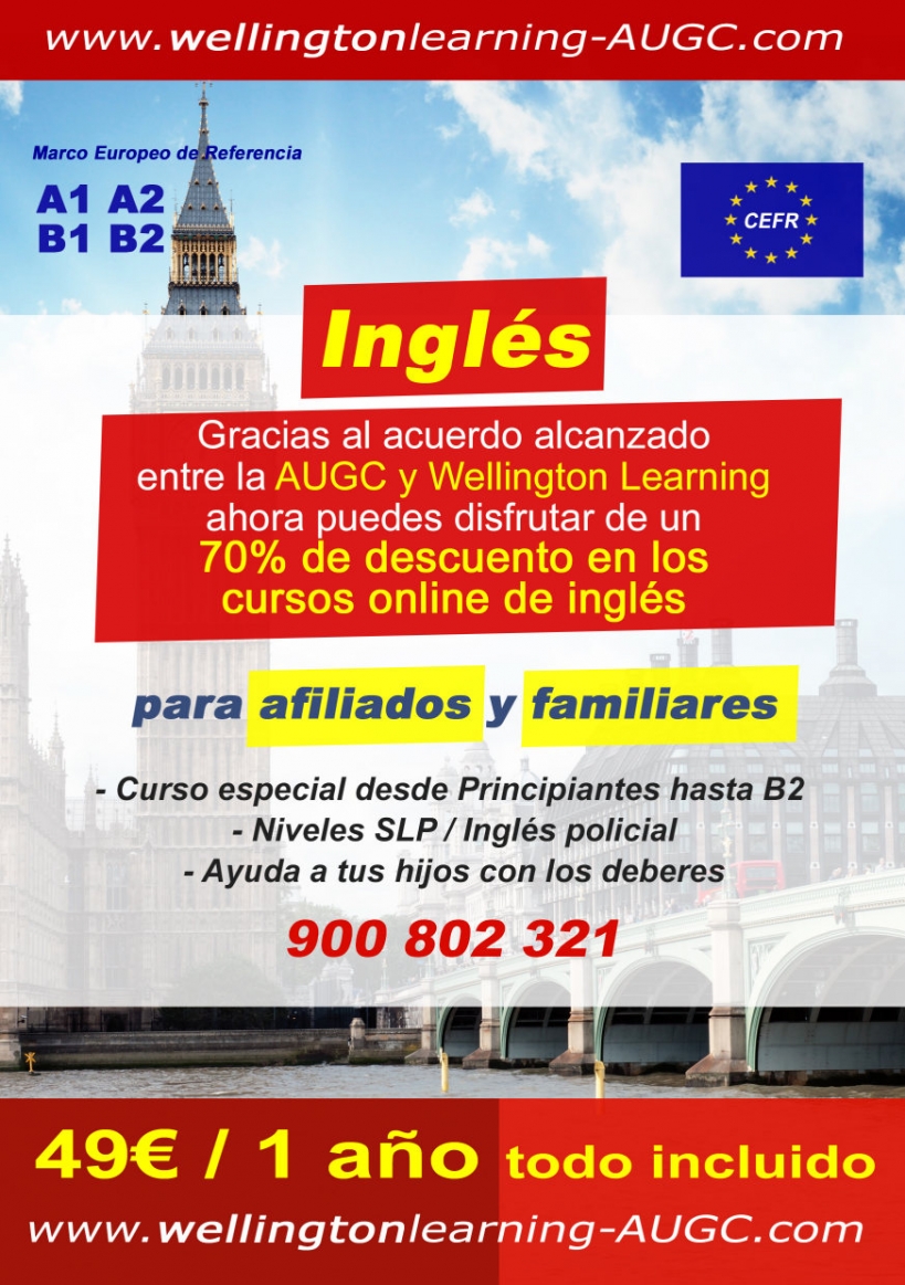 Cartel de la oferta de cursos de inglés que Wellingtonlearning ofrece a los afiliados de AUGC Cartel de la oferta de cursos de inglés que Wellingtonlearning ofrece a los afiliados de AUGC
