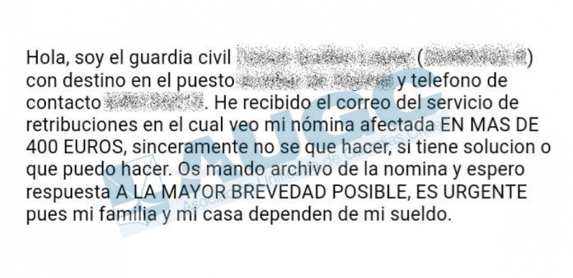 Mensaje recibido en AUGC de un guardia civil desesperado al comprobar la reducción de su nómina de enero Mensaje recibido en AUGC de un guardia civil desesperado al comprobar la reducción de su nómina de enero