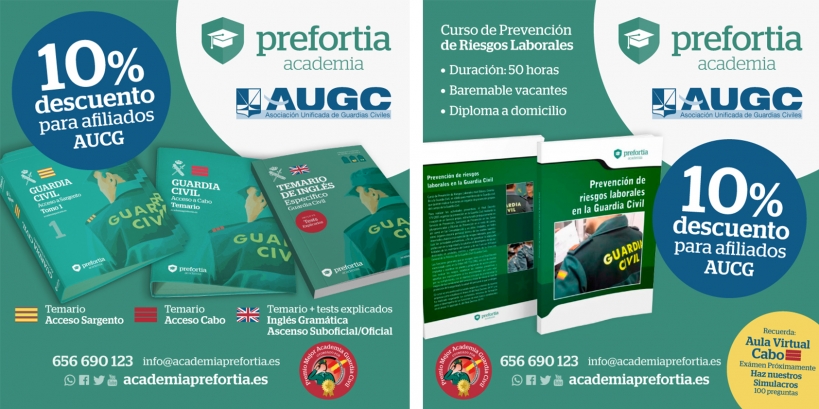Carteles de los cursos que la academia Prefortia ofrece a los afiliados de AUGC Carteles de los cursos que la academia Prefortia ofrece a los afiliados de AUGC