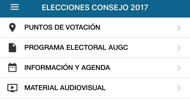 Pantallazo del menú de la información electoral incorporada a la App de AUGC. Pantallazo del menú de la información electoral incorporada a la App de AUGC.