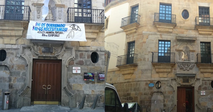 A la izquierda, la fachada con la pancarta. A la derecha, una vez retirada. A la izquierda, la fachada con la pancarta. A la derecha, una vez retirada.