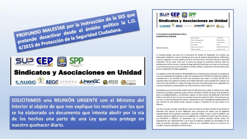 Comunicado remitido al Ministerio del Interior reclamando una reunión urgente. Comunicado remitido al Ministerio del Interior reclamando una reunión urgente.