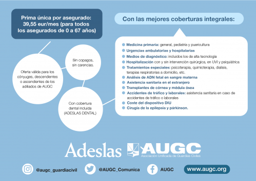 AUGC y Adeslas han llegado a un acuerdo para ofrecer seguro médico privado a los familiares de sus afiliados. AUGC y Adeslas han llegado a un acuerdo para ofrecer seguro médico privado a los familiares de sus afiliados.