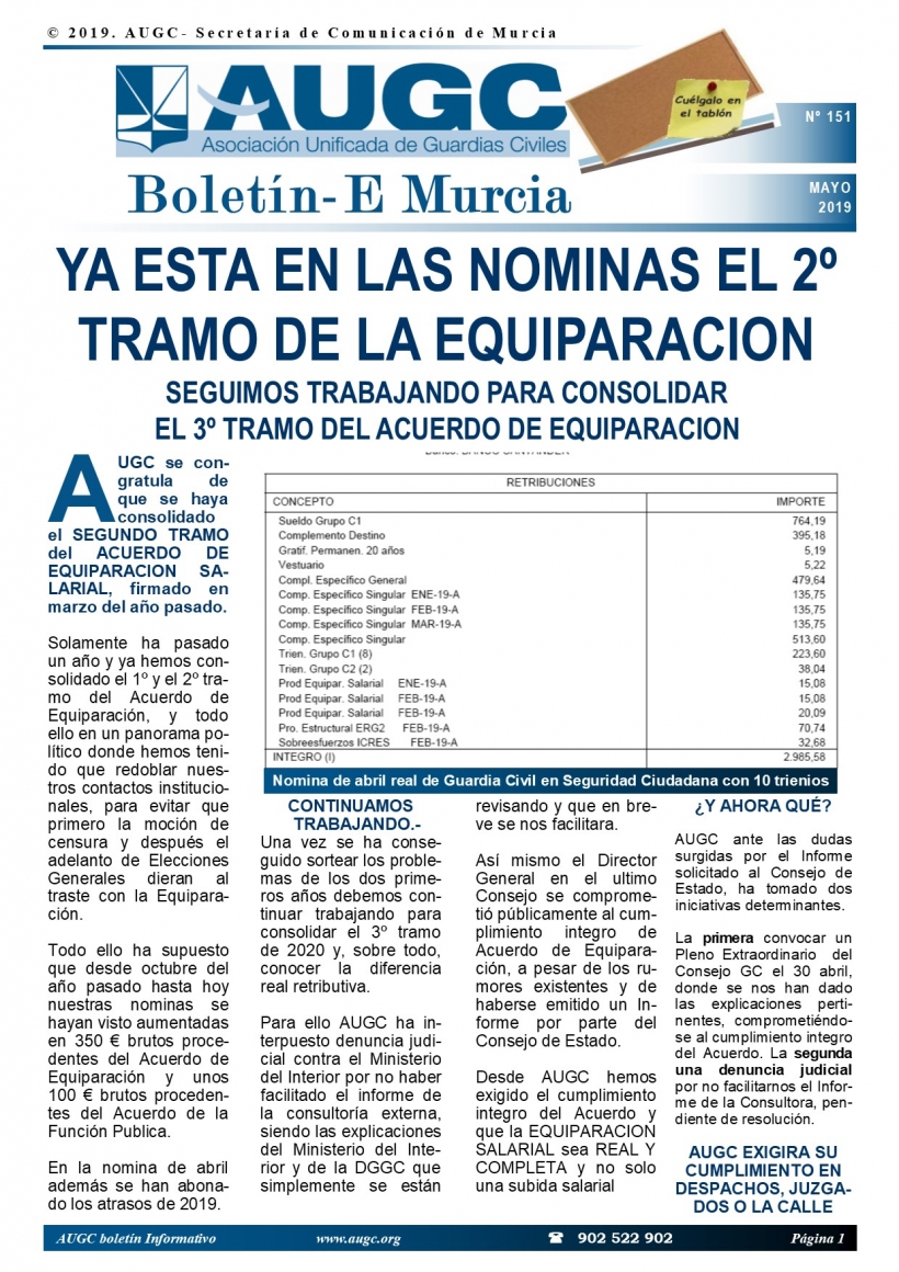 Portada del boletín de mayo de AUGC Murcia. Portada del boletín de mayo de AUGC Murcia.