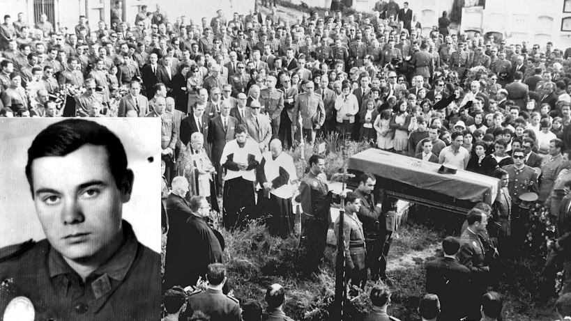 Entierro en su localidad natal del guardia civil José Antonio Pardines (en la imagen pequeña), la primera víctima de ETA, asesinado en junio de 1968. Entierro en su localidad natal del guardia civil José Antonio Pardines (en la imagen pequeña), la primera víctima de ETA, asesinado en junio de 1968.