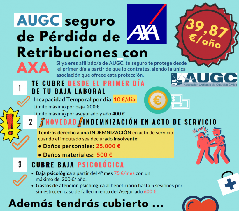 AUGC y AXA te ofrecen el mejor seguro de pérdida de retribuciones de la Guardia Civil. AUGC y AXA te ofrecen el mejor seguro de pérdida de retribuciones de la Guardia Civil.